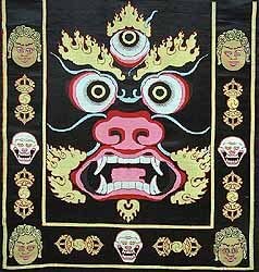 Tablier de danse sacrée Tibétain, orné d'un visage de Mahakala.